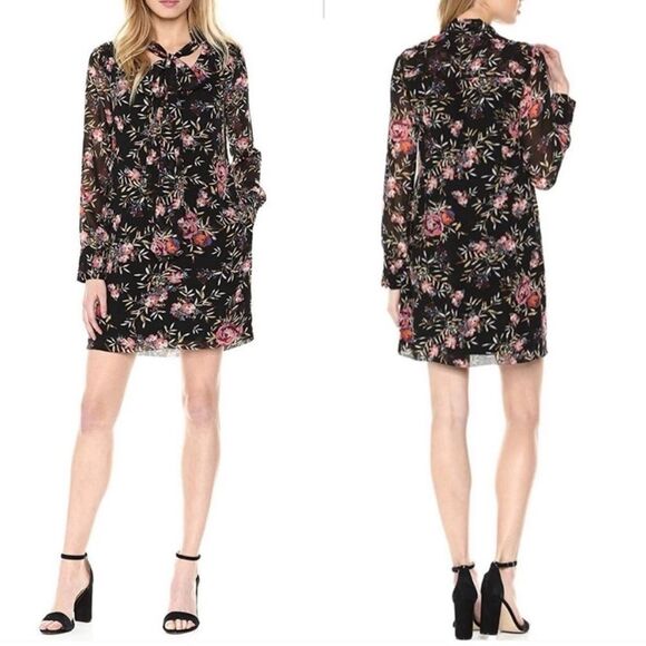 Rachel Rachel Roy Tie Neck Black Chiffon Sheer Sleeve Floral Mini Dress Size 4 - Picture 1 of 16